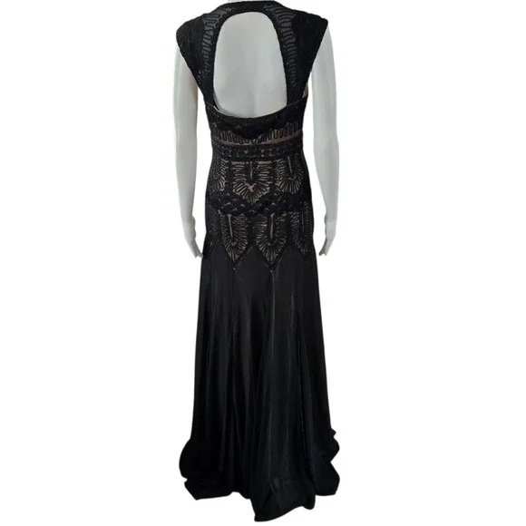Sue Wong Nocturne Black Lace Beaded V Neck Cap Sleeve Maxi Dress Size 6